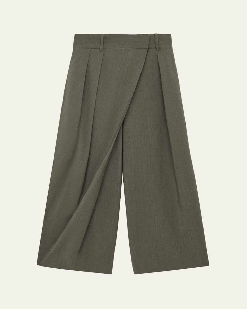 Wrap-Detail Pleated Wide-Leg Crop Trousers